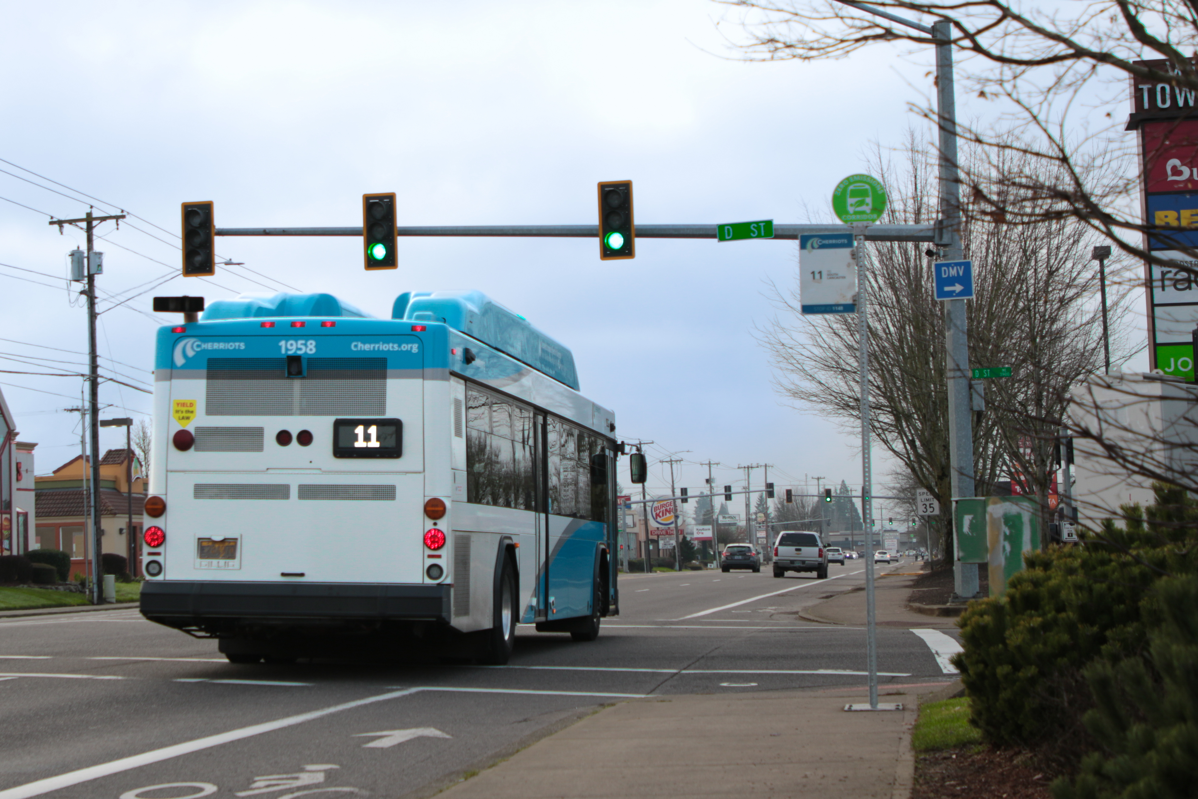 Bus on Route 11 going through greenlight